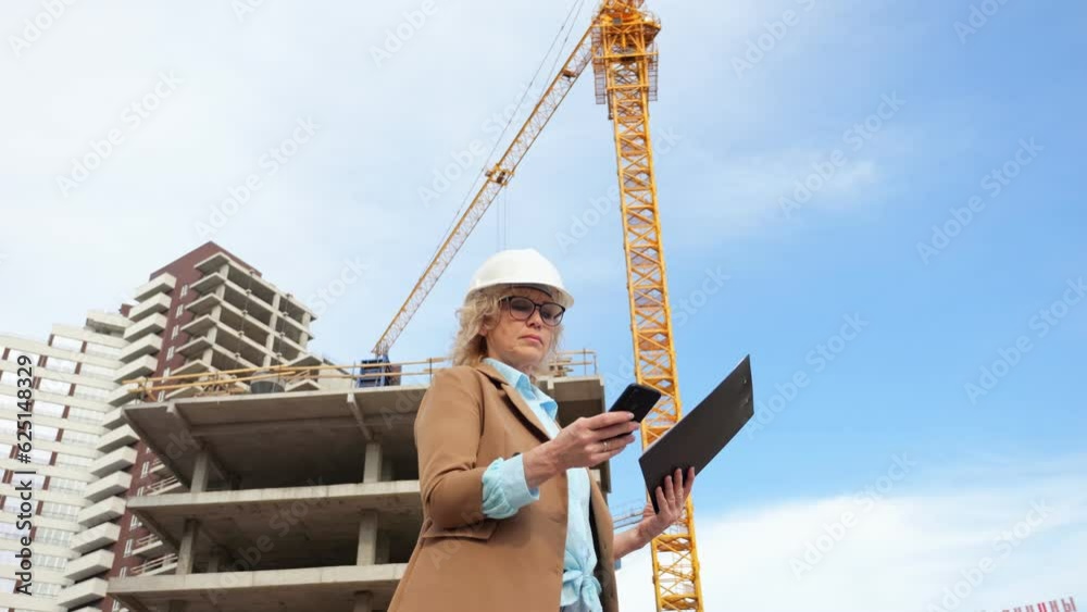 Woman director of company writes information on smartphone from clipboard against construction and crane. Working process and negotiations with client low angle shot Woman director of company writes information on smartphone from clipboard against construction and crane. Working process and negotiations with client low angle shot