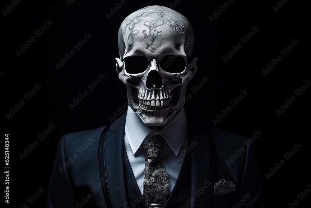 Skeleton dressed in a business suit. Dark background. Generative AI Skeleton dressed in a business suit. Dark background. Generative AI