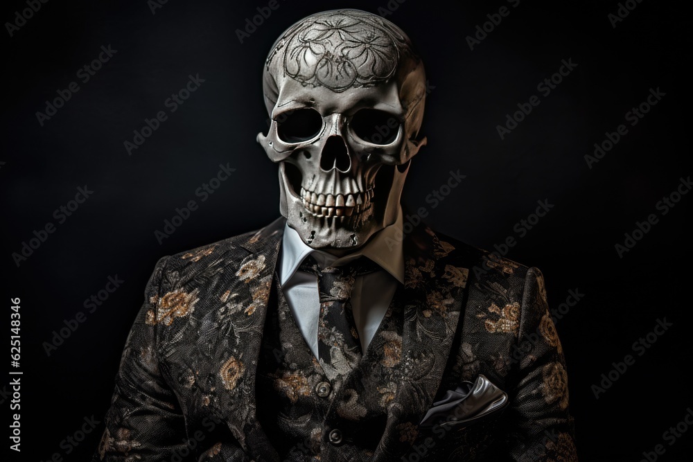Skeleton dressed in a business suit. Dark background. Generative AI