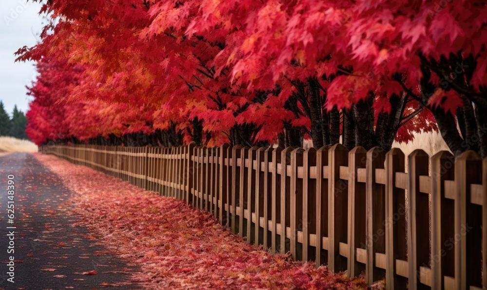 Long wooden fence with trees colorful leaves. Beautiful autumn. Generative AI Long wooden fence with trees colorful leaves. Beautiful autumn. Generative AI