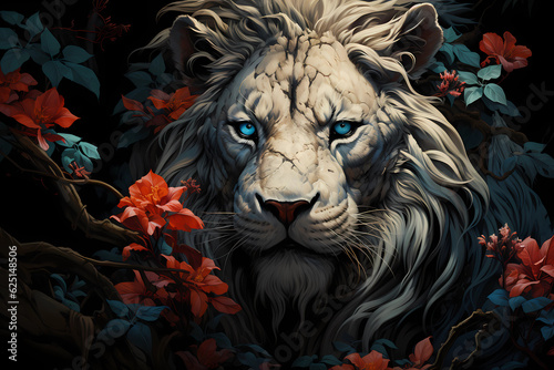 Portrait of a fierce old lion face next to red flowers. Generative AI © Varma