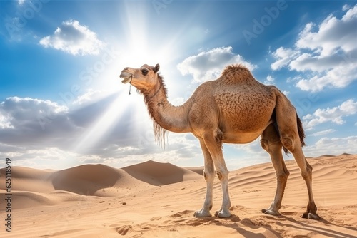 Big camel in the desert. Hot sunny day. Generative AI © Gelpi
