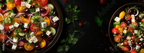 Greek salad with feta cheese and olives, food, top view, the blank background is on the left side Generative AI