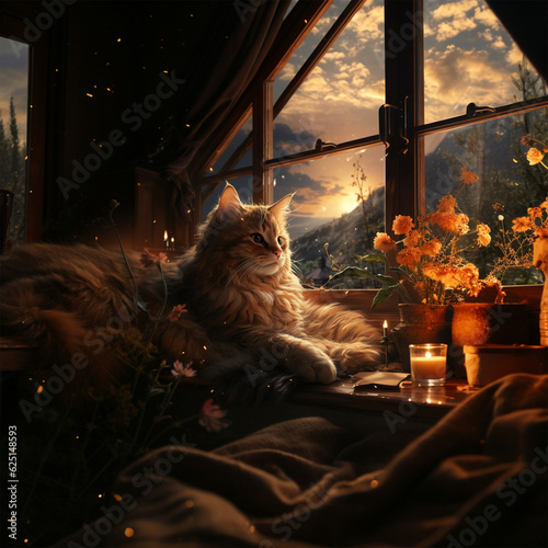 Cat lying down in front of cozy cabin window at sunset. Generative AI