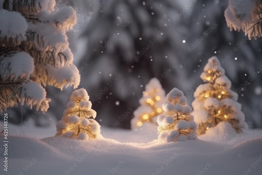 Beautiful christmas light snowy background. Christmas tree decorated with gold balls in forest in snowdrift with beautiful christmas lights. Ai generative.