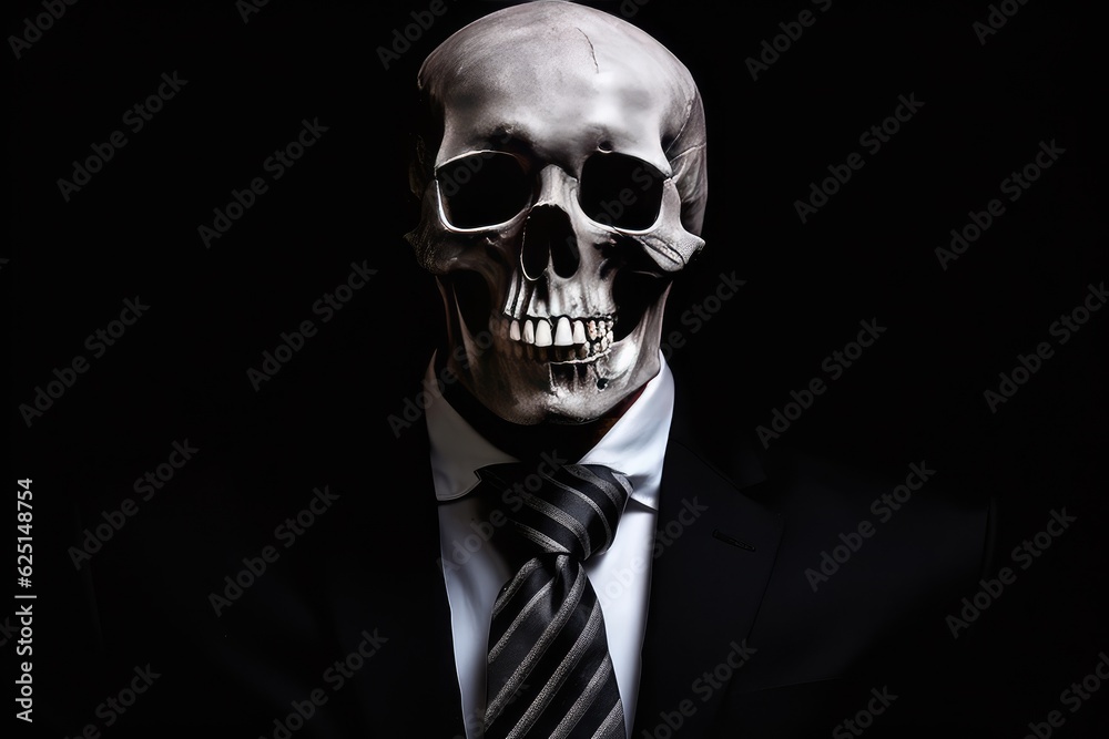 Skeleton dressed in a business suit. Dark background. Generative AI Skeleton dressed in a business suit. Dark background. Generative AI