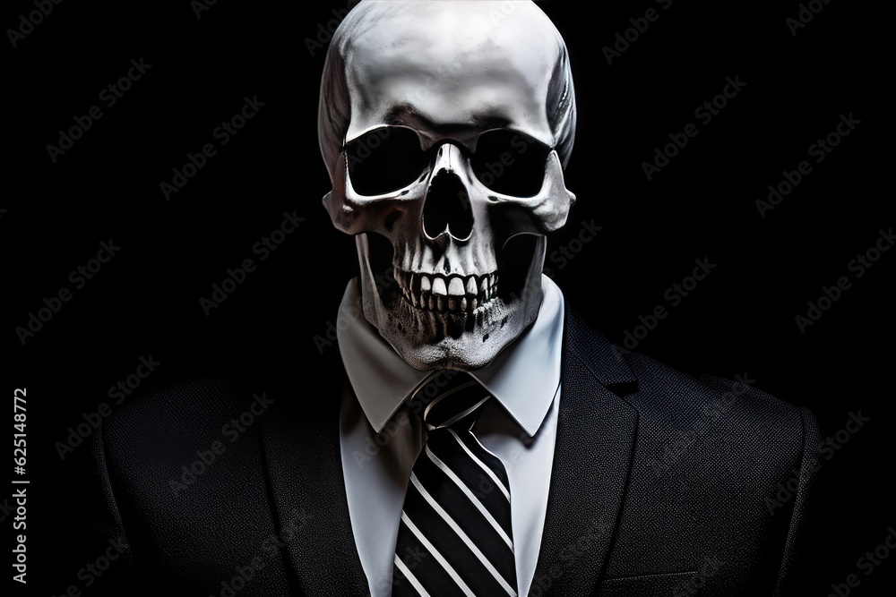 Skeleton dressed in a business suit. Dark background. Generative AI Skeleton dressed in a business suit. Dark background. Generative AI