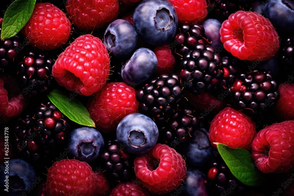 Fototapeta premium Different berry fruits background. Tasty summer mix. Generative AI