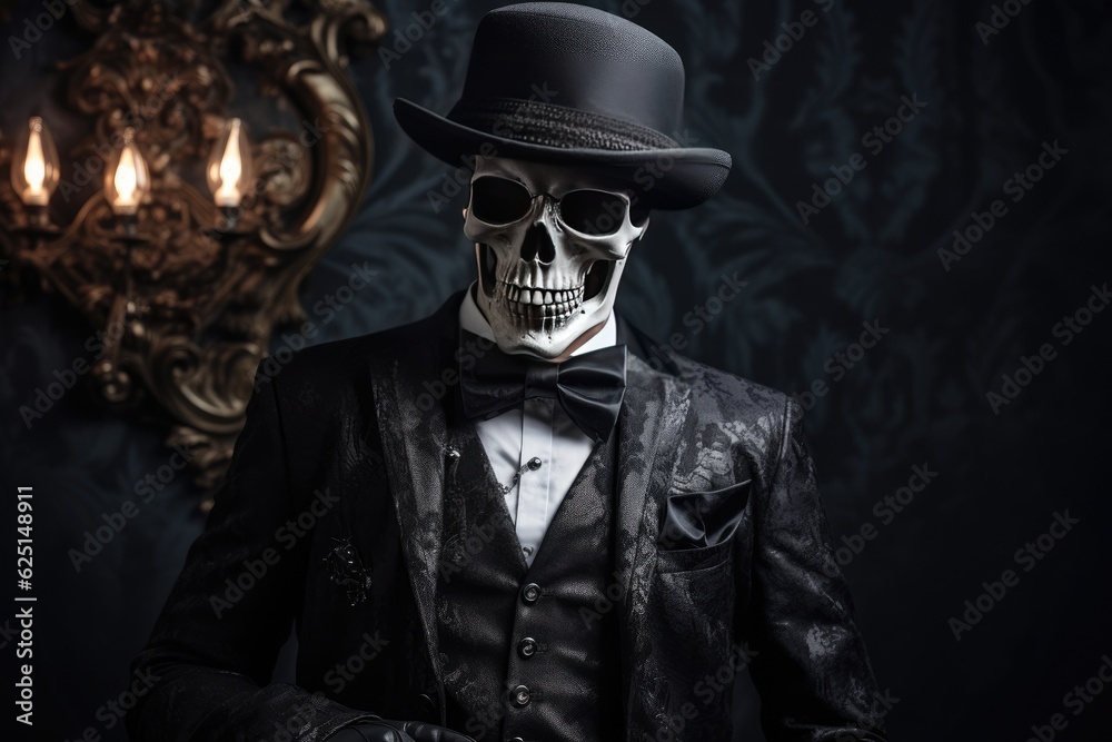 Skeleton dressed in a business suit and wearing and elegant hat on a dark background. Generative AI Skeleton dressed in a business suit and wearing and elegant hat on a dark background. Generative AI