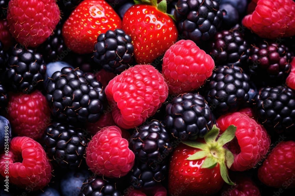 Different berry fruits background. Tasty summer mix. Generative AI Different berry fruits background. Tasty summer mix. Generative AI