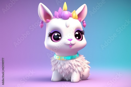 Cute pretty lama cartoon character. 3d render style. Sweet white alpaca isolated on flat blue background. Sweet happy funny mascot.