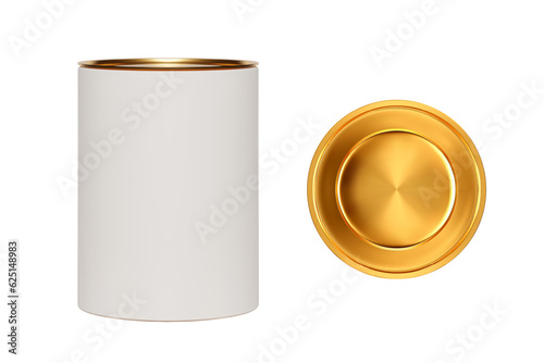 Luxury white cylindrical cardboard box with golden lid isolated from background. Top view of the metal cover. Gift packaging template for tea, coffee, perfume and alcohol products. Mockup for branding