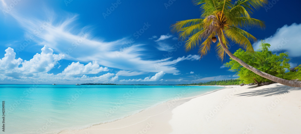 Beautiful beach with white sand, turquoise ocean, blue sky with clouds and palm tree over the water