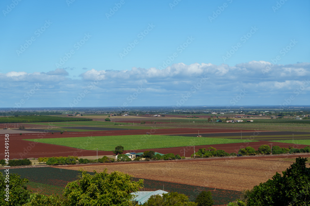 Panoramic view from the Hummock Lookout, over agricultural farmland near Bundaberg, Queensland, Australia