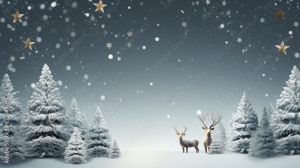 Fototapeta premium Magical Christmas Night Winter Snowy Background with Reindeer and Trer