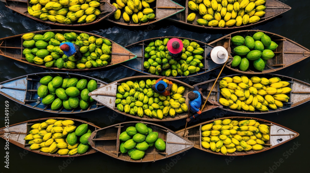 Aerial view famous asian floating market, Farmer go to sell organic products, fruits, vegetables and Thai cuisine, Tourists visiting by boat