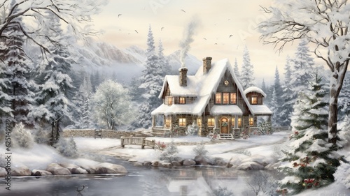 A beautiful outdoor christmas scene illustration of a christmas house with snow winter landscape in a village © Uzair
