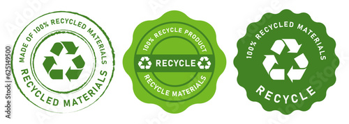 Recycle emblem round tag 100 percent made from recycle materials green
