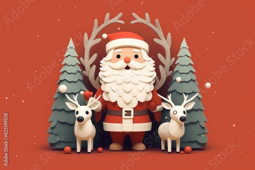 minimal 3d rendered Santa clause with reindeer