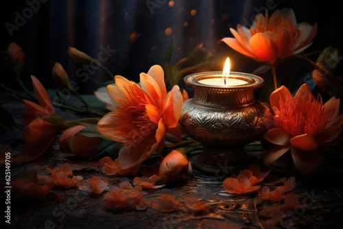 Indian aroma lamp with flowers for relaxation, yoga and massage. Meditation decoration with candle lights smoke and flower on dark background. Religion concept, esoterics