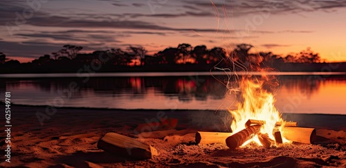 Beachside campfire at sunset outdoor lifestyle. Travel and holiday summer