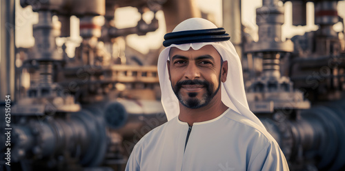 Successful Muslim Arab businessman with an oil pump, oil refinery plant in the background. Successful Saudi, Emirati, Arab businessman. Digital Art Ai