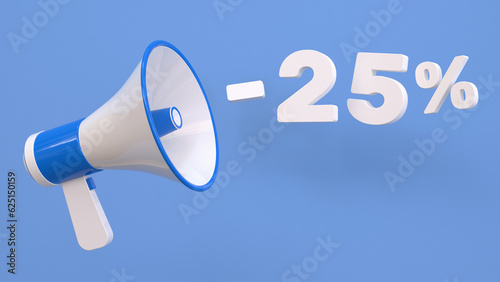 25 percent discount. Discount creative composition with megaphone. 3d sale symbol. Sale banner and poster. 3d illustration. photo