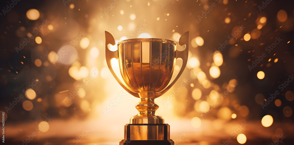 Champion Golden Trophy with Gold Bokeh win concept, digital AI Art