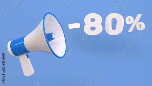 80 percent discount. Discount creative composition with megaphone. 3d sale symbol. Sale banner and poster. 3d illustration. photo