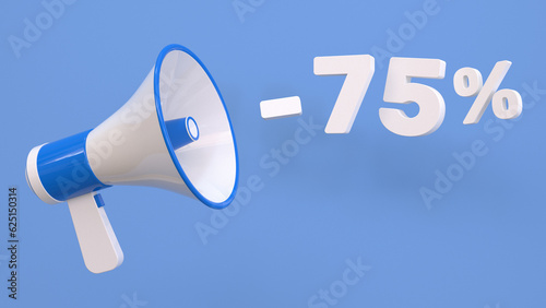 75 percent discount. Discount creative composition with megaphone. 3d sale symbol. Sale banner and poster. 3d illustration. photo