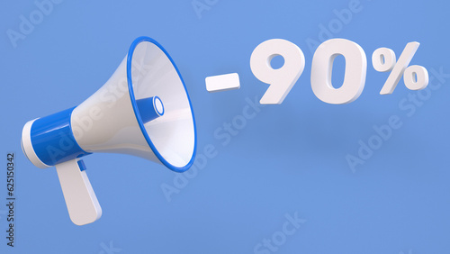 90 percent discount. Discount creative composition with megaphone. 3d sale symbol. Sale banner and poster. 3d illustration.