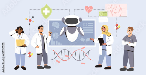 AI in medicine. Artificial Intelligence help in medical diagnosis and treatment of patients. Futuristic tech in medicine. Flat doctors using innovative technologies for research and disease analysis.
