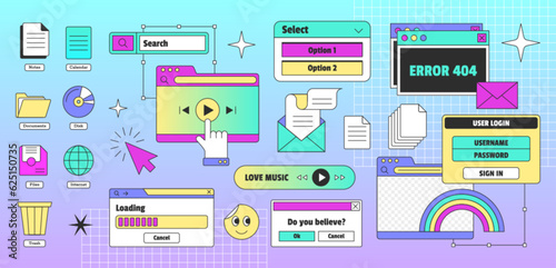 Vaporwave pc desktop with user interface elements in trendy y2k retro style. Icons set of computer windows, dialog box. 90s old browser with tabs, message boxes, loading bar, button and symbols.