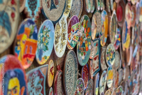 Isolated close up image of handcrafted plates for sale on the busy Yerevan Street- Armenia