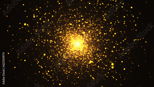 Gold particles abstract background with shining golden particle stars dust. Beautiful futuristic glittering in space on black background.