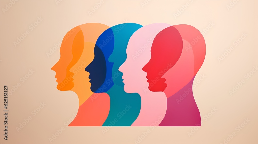 Concept of social diversity, layered colorful head silhouettes, symbolizing the richness of diverse cultures, ethnicities, and perspectives in our global society. Generative AI