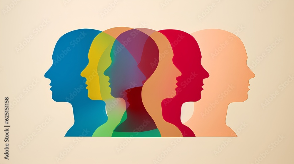Diversity concept, colorful layers of person's head silhouette. The unity, individuality, and the blend of diverse cultures, backgrounds, and perspectives in a multicultural society. Generative AI