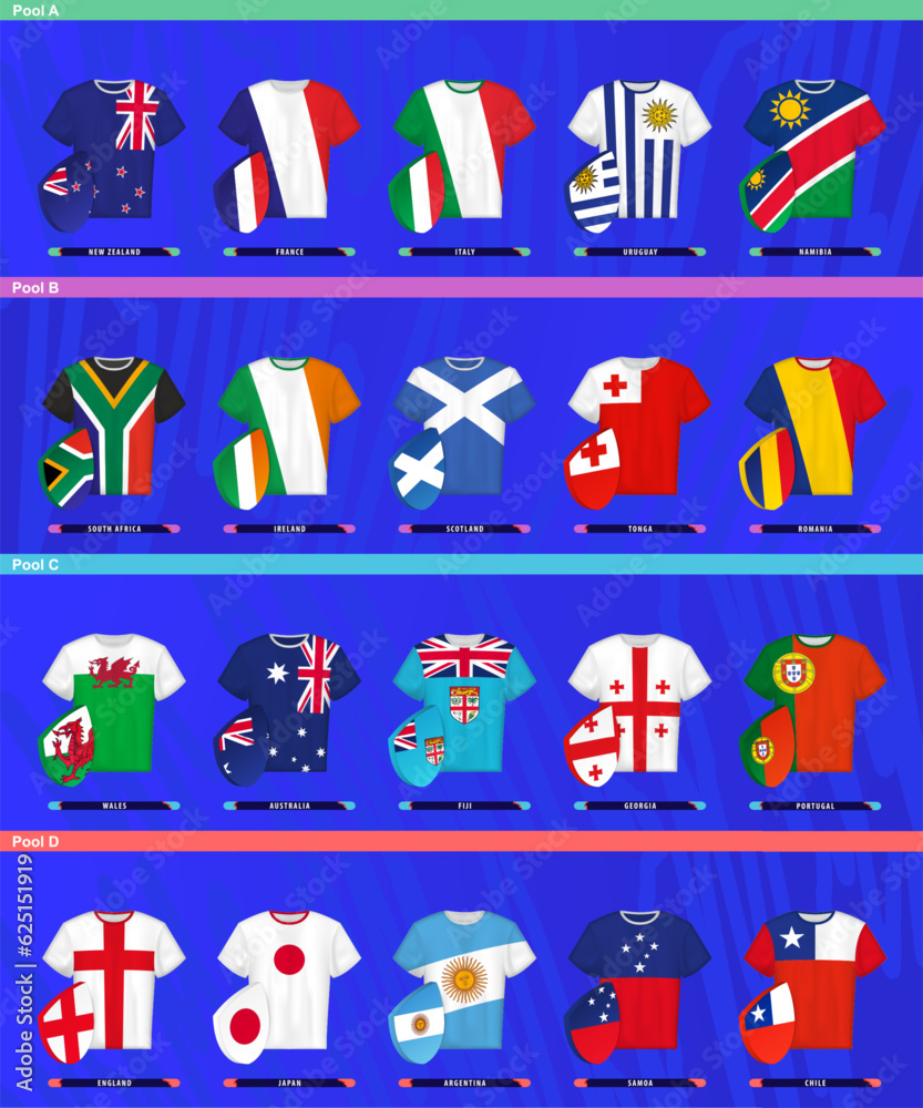 Fototapeta premium Rugby jerseys of 20 national team participant in rugby competition 2023 sorted by pool.
