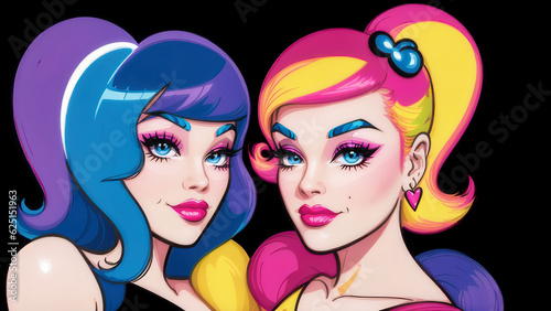 abstract vivid illustration of two rainbow beautiful girls with colorful hairs and red pink lips on black isolated background heart shaped earring, generative AI