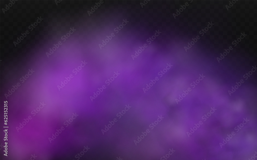 Realistic scary mystical fog in night Halloween. Purple poisonous gas, dust and smoke effect on transparent dark background.Vector illustration.