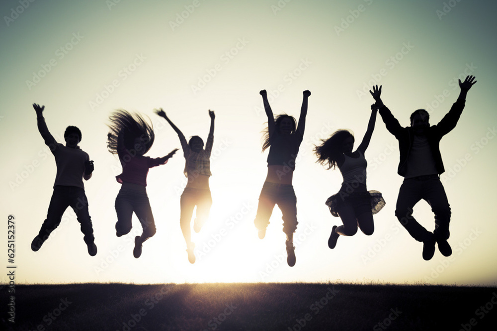 Happy jumping people silhouette. AI generated Happy jumping people silhouette. AI generated
