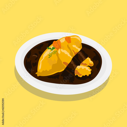 flat art isolated side way of OMU  tempura curry rice dish food menu vector concept illustration.