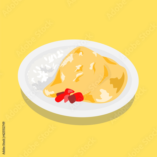 flat art isolated side way of OMU or omelette rice dish food menu vector concept illustration.