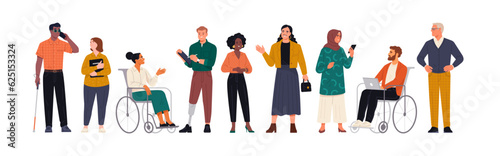 Team Inclusiveness. Vector cartoon illustration of a group of diverse people with different characteristics: old age, disability, nationality, and religion that interact with each other. 