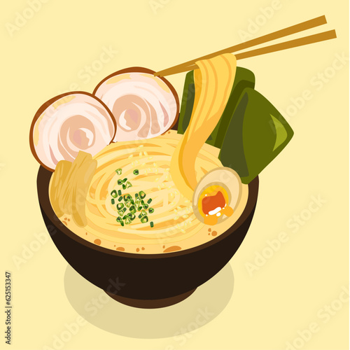 Side way isolated of tonkatsu ramen with chopsticks japanese dish food menu vector concept illustration.