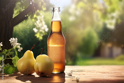 Banner ad for pear cider. illustration with a bottle, fruits on the background of a blooming garden. photo