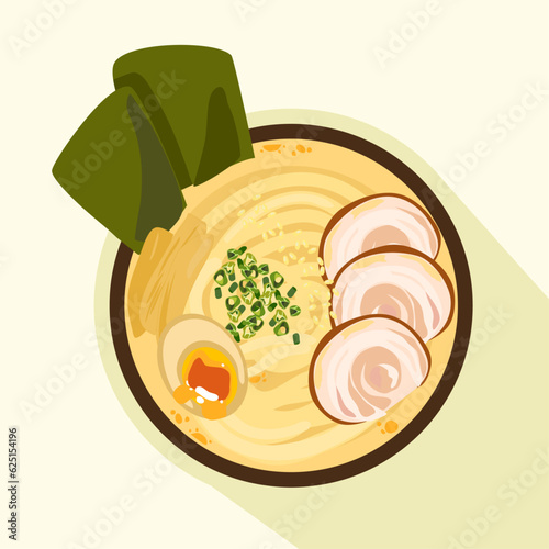 isolated top view of tonkatsu ramen with chopsticks japanese dish food menu vector concept illustration.