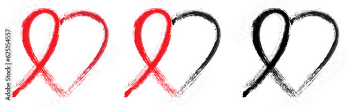 Red and Black Awareness ribbon and heart, calligraphy brush concept, grunge and textured, isolated on white background. Set of hand-drawn ribbon awareness. Editable Vector Icons. EPS 10.