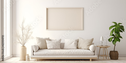 Interior mock up poster with sofa and decoration plants in living room with white wall. 3D rendering, Modern interior of apartment, living room with beige sofa, coffee table, generative Ai