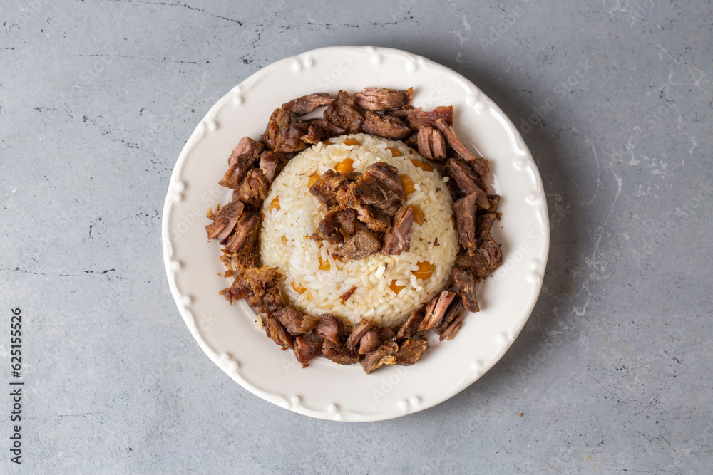 Traditional Turkish food; Roasted meat on rice (Turkish name; pilav üstü kavurma, kurban kavurma)